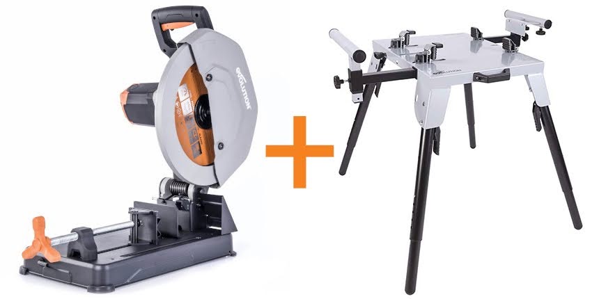 Wielozadaniowa przecinarka Evolution R355CPS z tarczą 355mm i stołem roboczym Evolution Chop Saw Stand