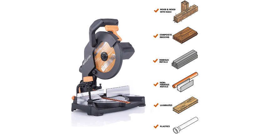 Zestaw: wielozadaniowa piła ukośna Evolution R210CMS z tarczą RAGE 210mm PLUS z tarczą do stali 210mm /50z